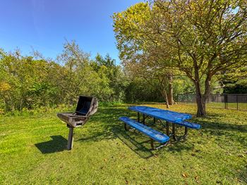 Spacious outdoor picnic area at three oaks apartments in troy, mi.